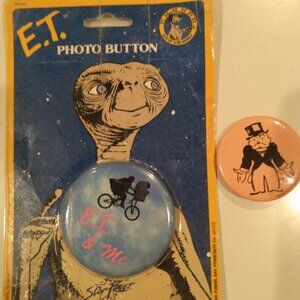 1984 Mr Money Bags Pinback Button with 1982 E.T button